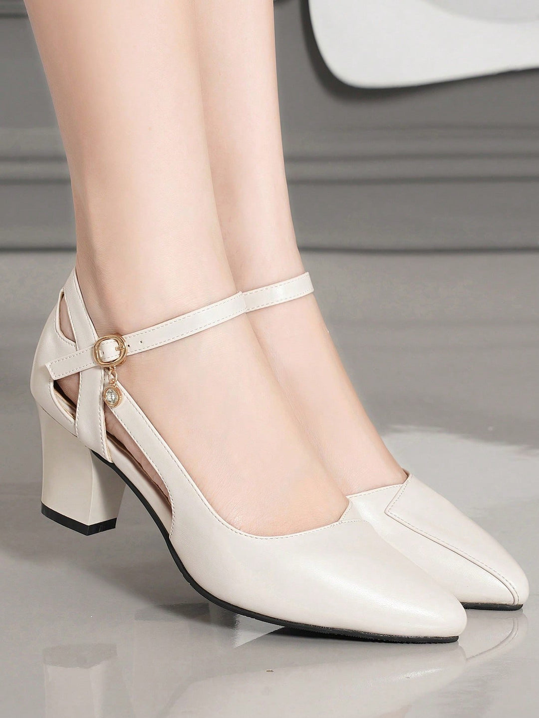 SHOES | Ivory Cross Strap Chunky Heels