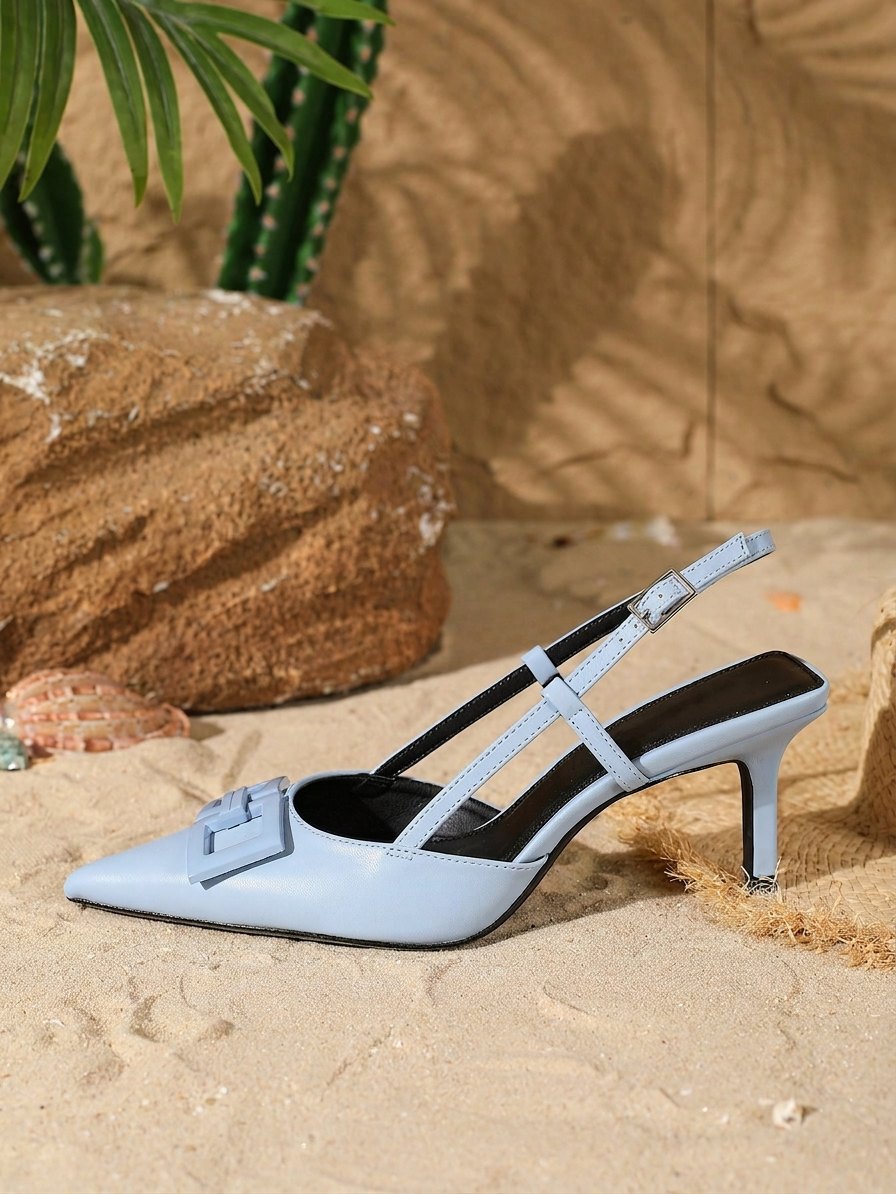 SHOES | Leather Slingback Heels with Square Buckle