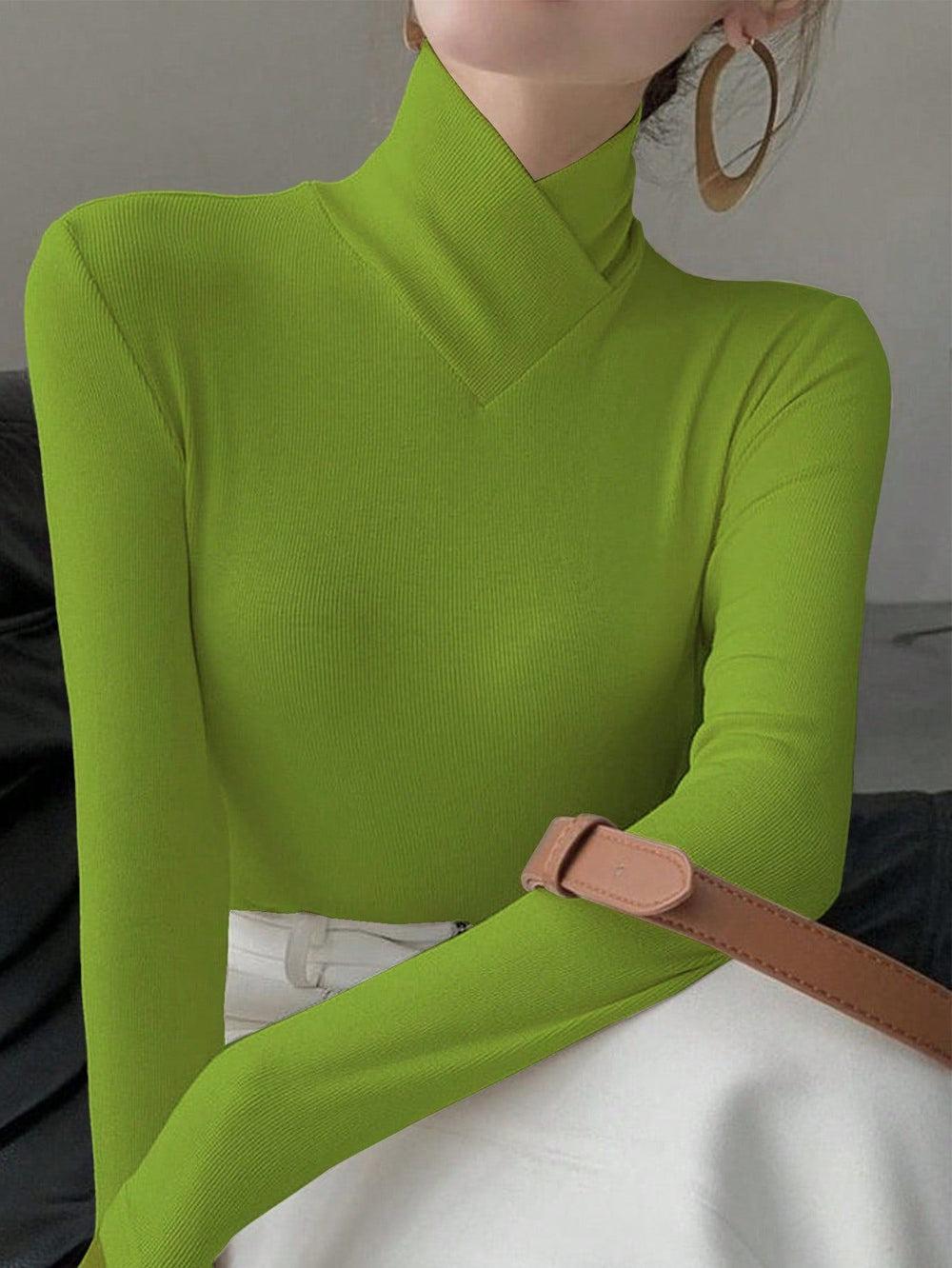"Ribbed knit turtleneck top for women - fitted long sleeve"
