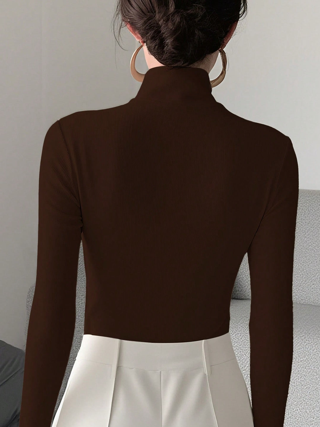 "Ribbed knit turtleneck top for women - fitted long sleeve"