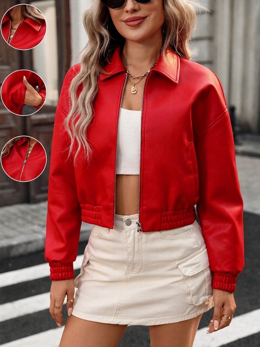 A woman wearing a bright red faux-leather cropped jacket, styled with a white crop top and a cream mini skirt. The image features three circular inset close-ups on the left highlighting the collar, zipper detail, and sleeve construction.