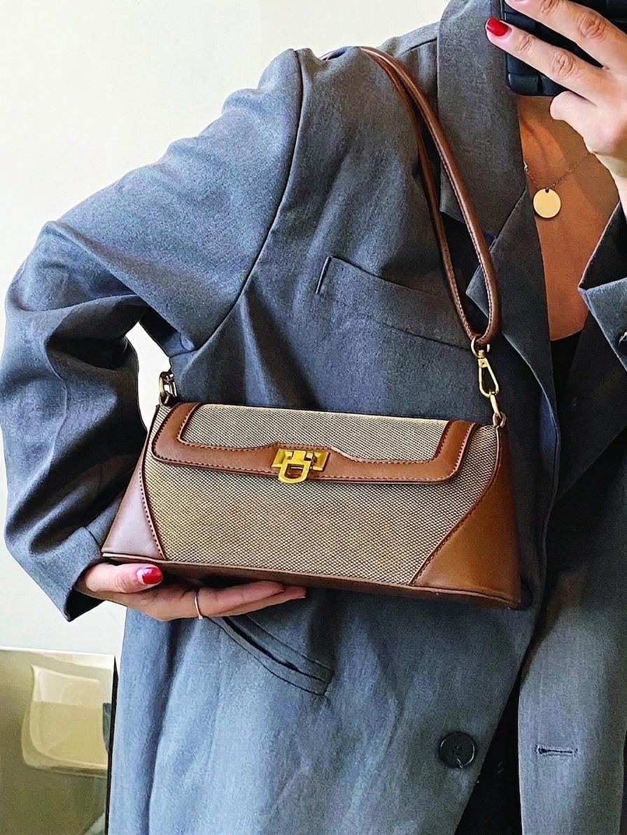 Woven Canvas Baguette Shoulder Bag