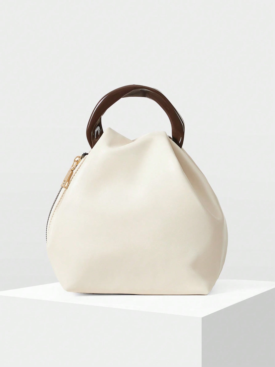 Cream Puffy Bucket Bag with Resin Handle