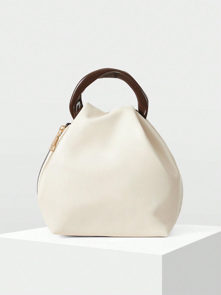 Cream Puffy Bucket Bag with Resin Handle