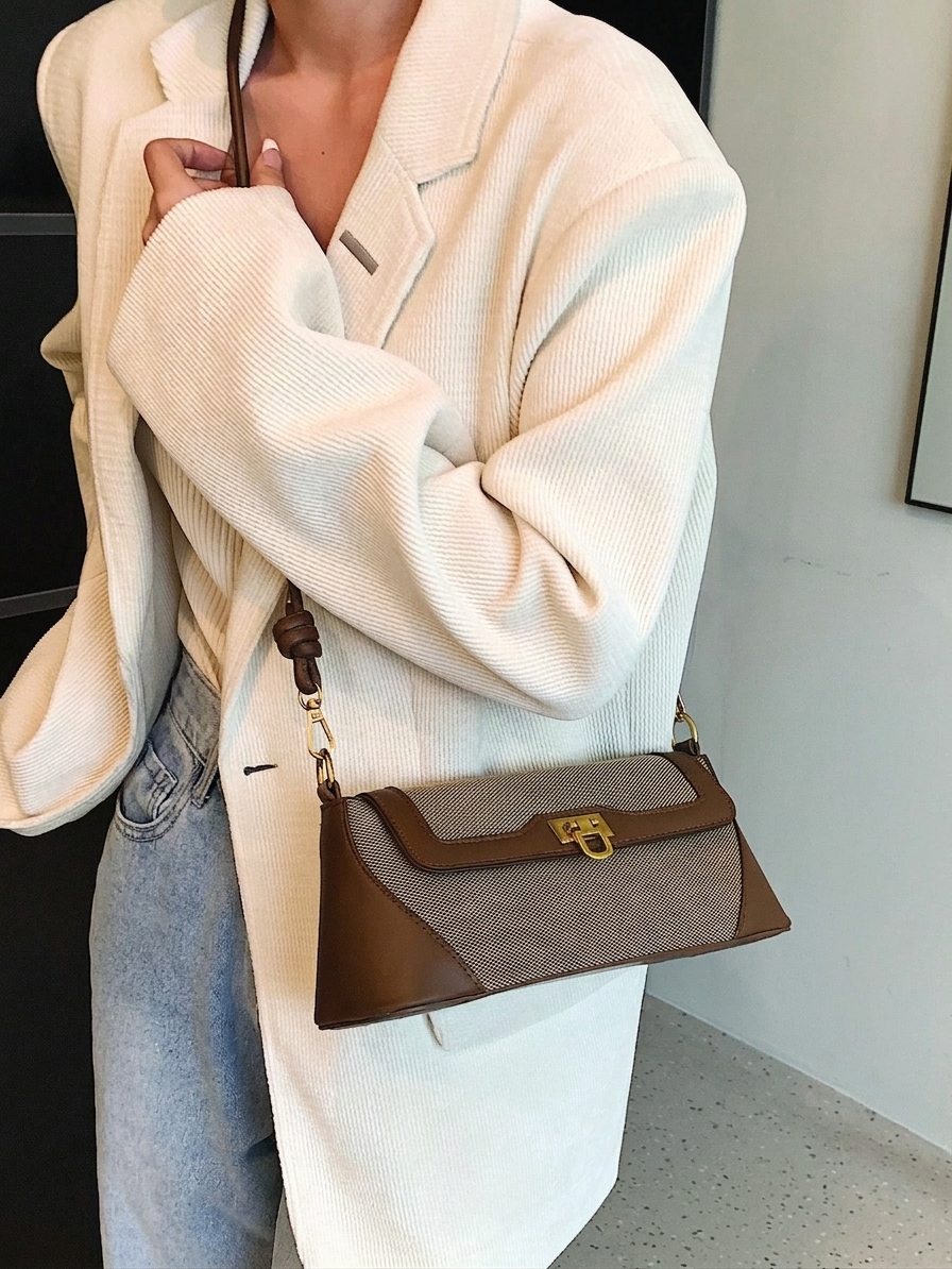 Woven Canvas Baguette Shoulder Bag