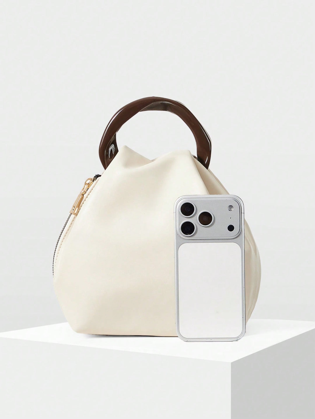 Cream Puffy Bucket Bag with Resin Handle