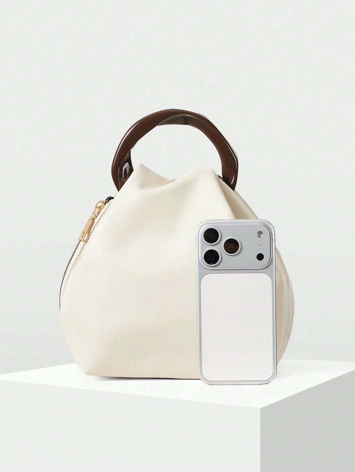 Cream Puffy Bucket Bag with Resin Handle