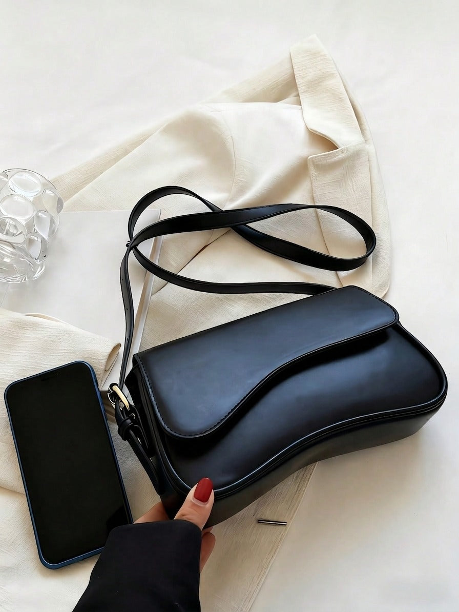 Sleek Black Wave-Flap Shoulder Bag