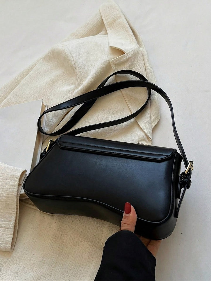 Sleek Black Wave-Flap Shoulder Bag