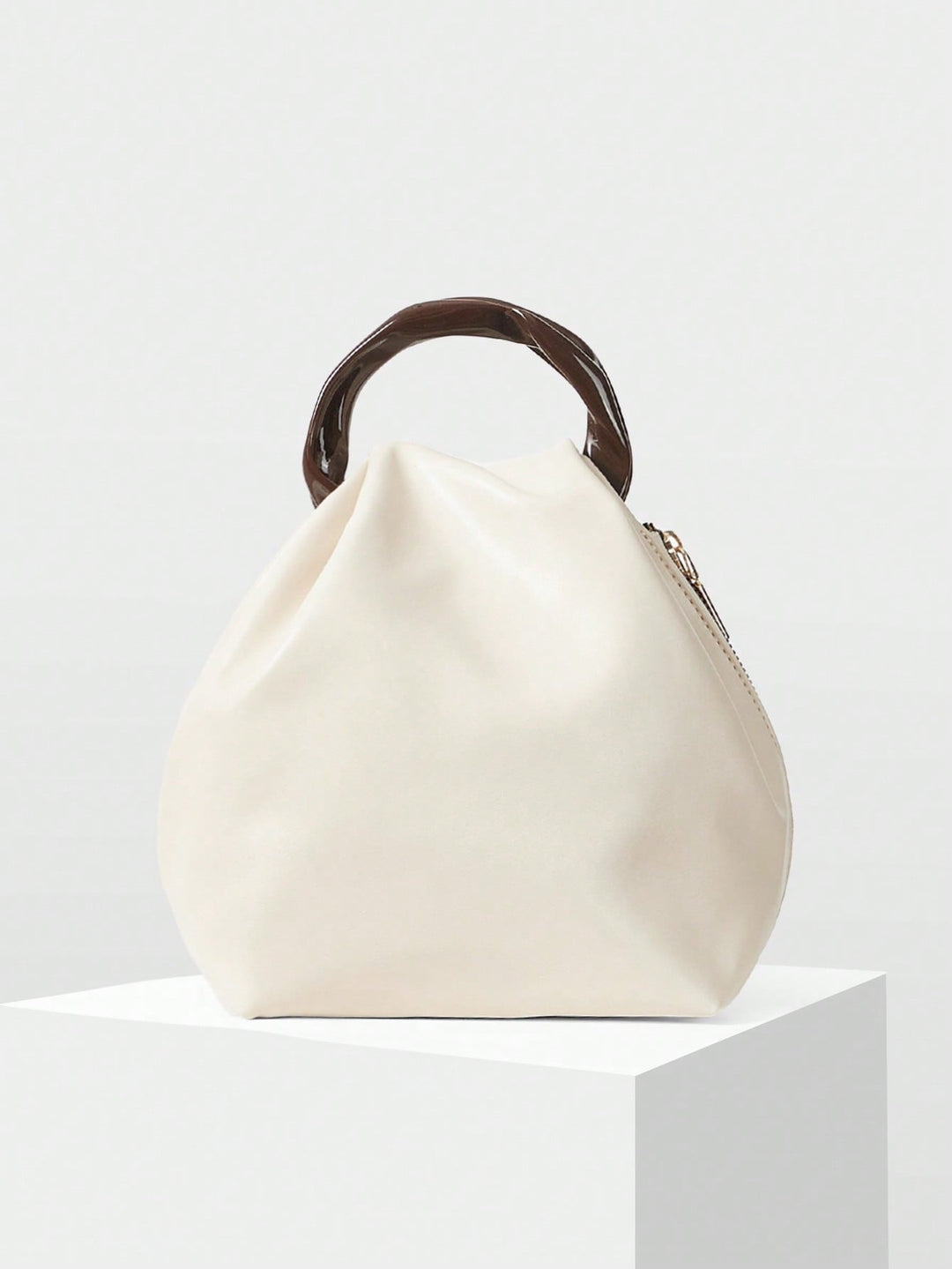 Cream Puffy Bucket Bag with Resin Handle