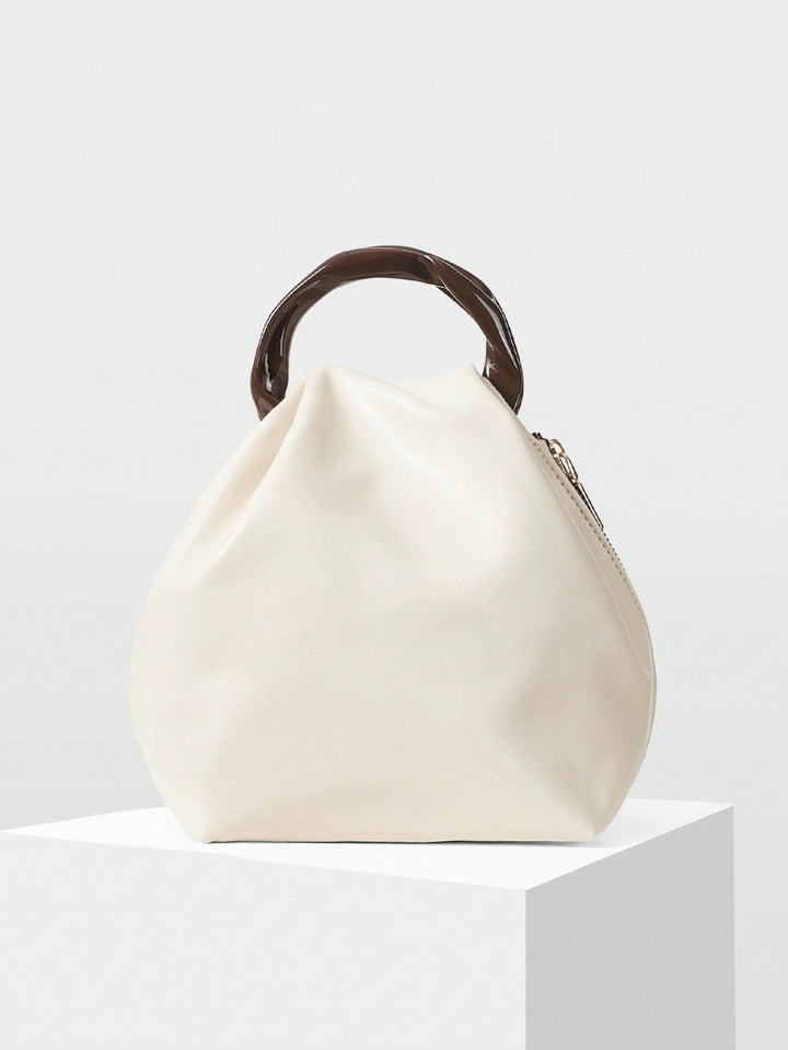 Cream Puffy Bucket Bag with Resin Handle