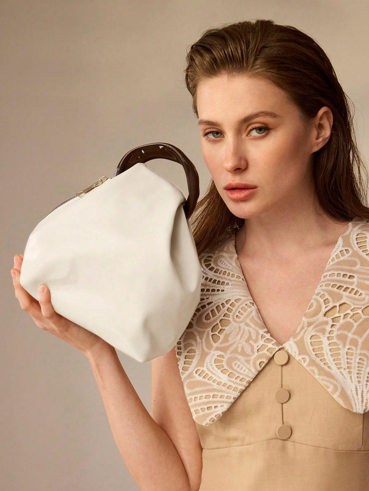 Cream Puffy Bucket Bag with Resin Handle