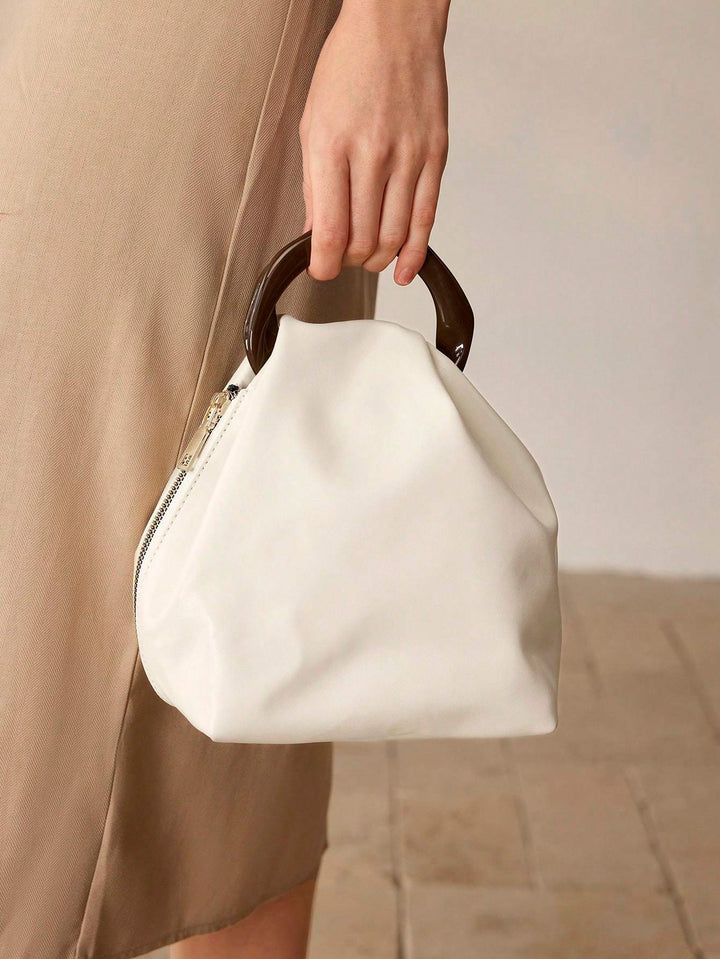 Cream Puffy Bucket Bag with Resin Handle