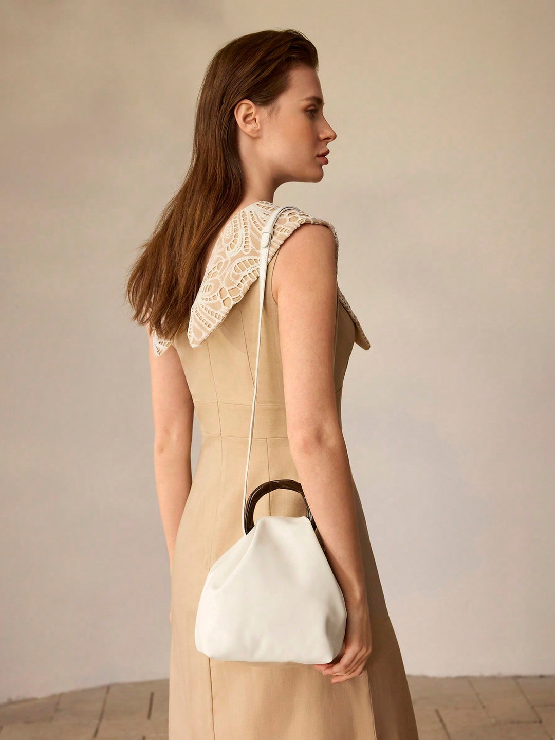 Cream Puffy Bucket Bag with Resin Handle