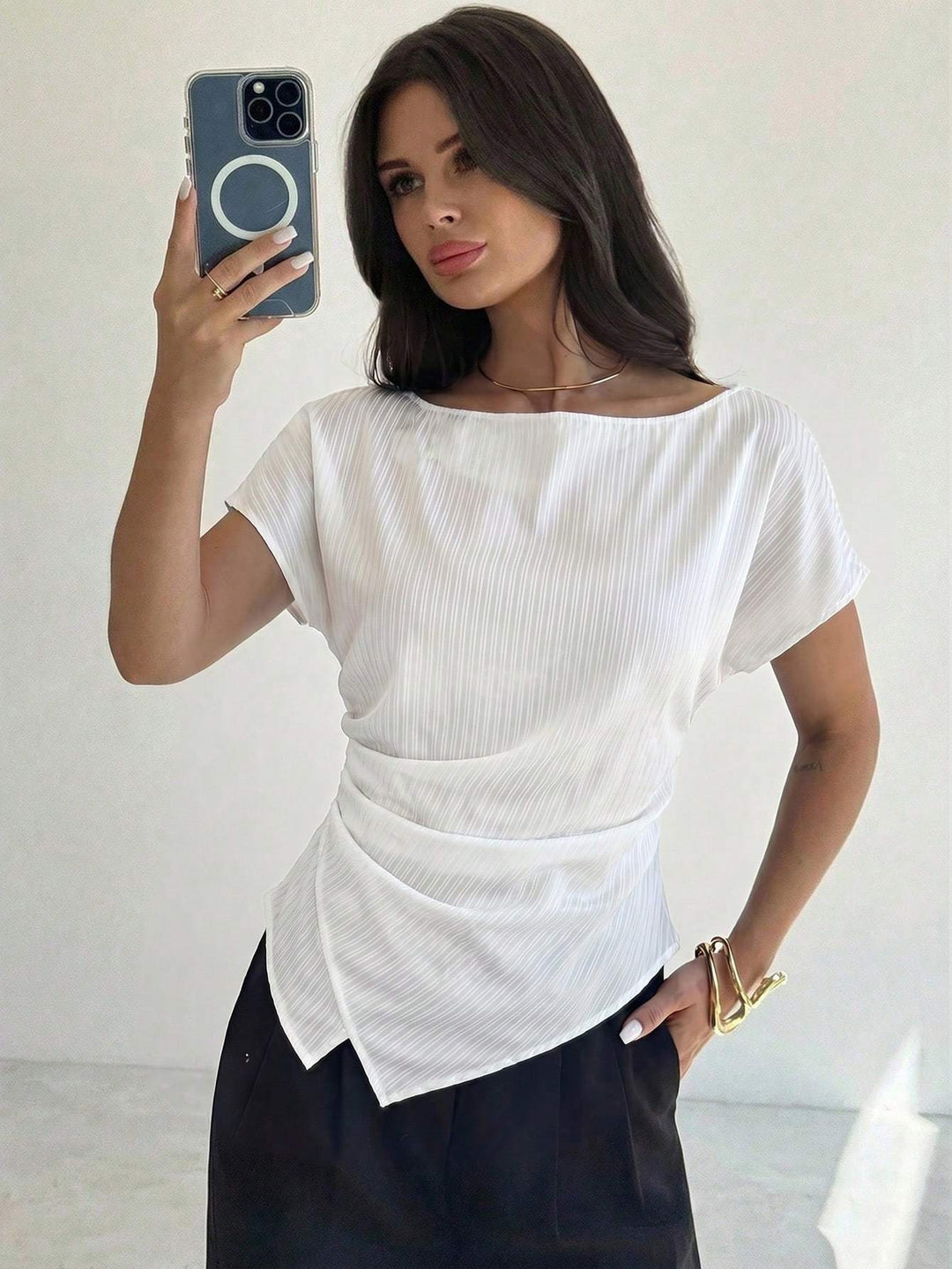 BLOUSE|Ruched Boat Neck Blouse