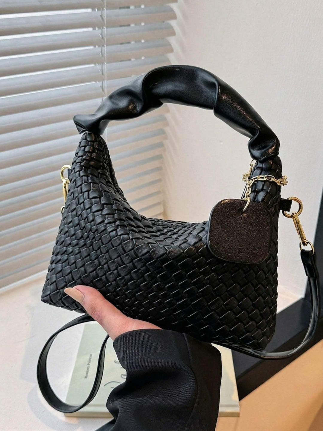 Woven Black Hobo Shoulder Bag